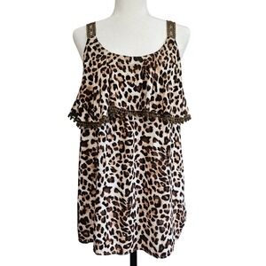 Suzanne Betro Tank Top Size L Leopard Print Y2K‎ Sleeveless Ruffle Festival Boho